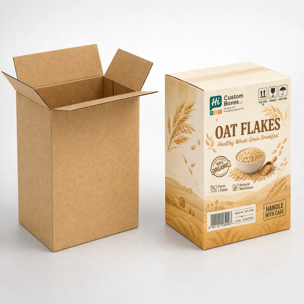 Sturdy corrugated cardboard shipping boxes with organic oat flakes branding and essential handling icons for transport. class=